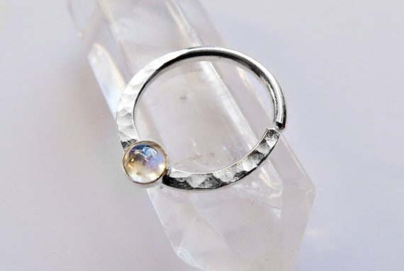 moonstone septum ring, sterling silver septum ring, hammered septum ring, stone nose ring,  gemstone septum ring, small septum ring