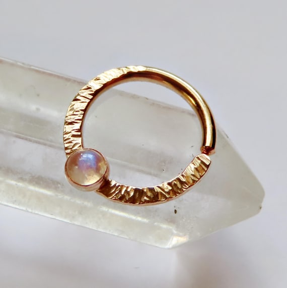 gold filled septum ring with moonstone, hammered septum jewelry, available in 20 gauge, 18 gauge, or 16 gauge, unique textured piercing