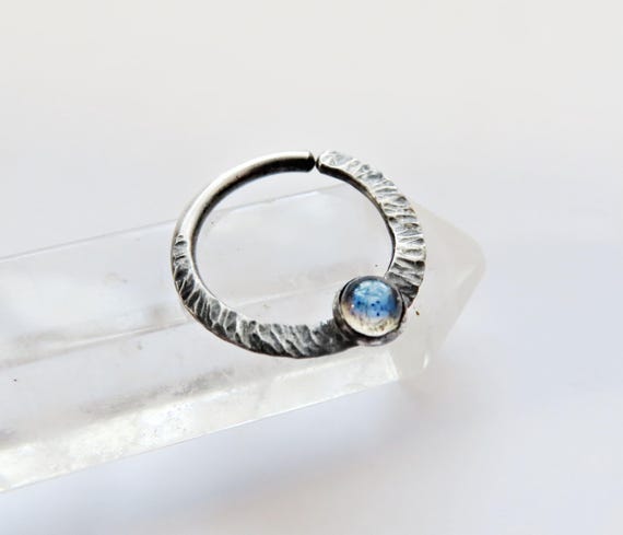 Labradorite septum piercing oxidized in sterling silver, hammered septum ring available in 20 gauge, 18 gauge or 16 gauge and 8, 9, 10mm