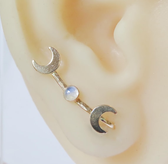 Moon phases ear climber earrings in gold filled with moonstone, wavy hammered ear crawlers single or pair also available in sterling silver