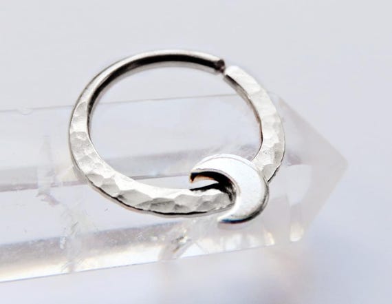 silver moon septum ring with hammered finish, witchy body jewelry, celestial facial piercing, available in 16gauge, 18 gauge, or 20 gauge