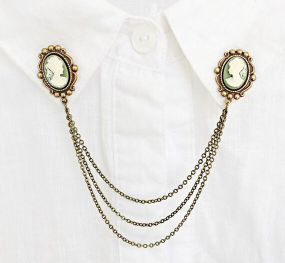 green cameo collar pins, cameo collar chains, collar brooch, cameo sweater pins, cameo sweater clips, lapel pin, cameo pin, cameo brooch