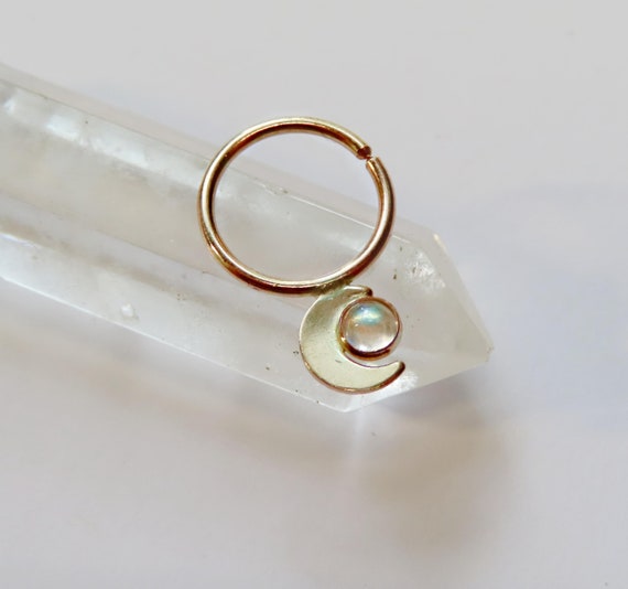 gold moon septum ring with moonstone, gold filled gemstone septum hoop, moon phases piercing, seamless piercing in 16 gauge, 18 gauge, 20