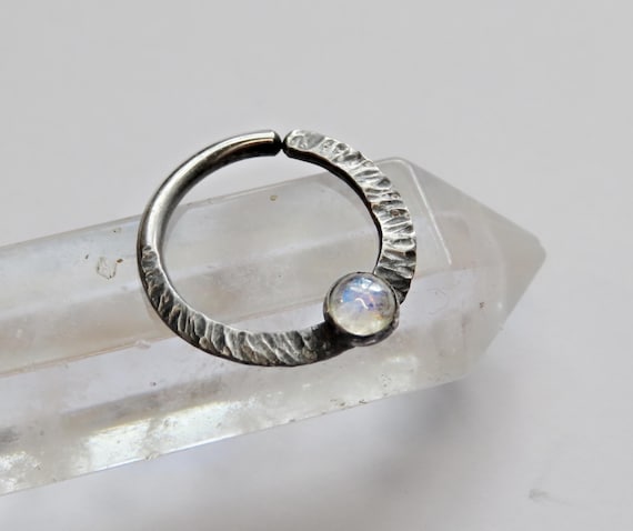 Septum piercing oxidized with moonstone in sterling silver, hammered septum ring available in 20 gauge, 18 gauge or 16 gauge and 8, 9, 10mm