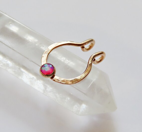 gold filled fake septum ring in pink opal, faux nose hoop, no piercing required clip on septum jewelry in snug or loose fitting, hammered