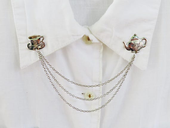 silver teapot  collar pins, collar chain, collar brooch, lapel pin, teapot pin, tea cup brooch, teapot brooch, tea cup pin