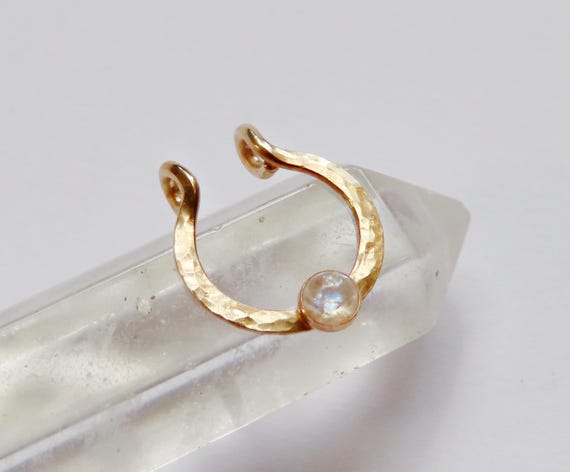 Faux septum ring with moonstone in gold filled, fake nose piercing, clip on nose ring, no piercing required hammered gemstone septum hoop