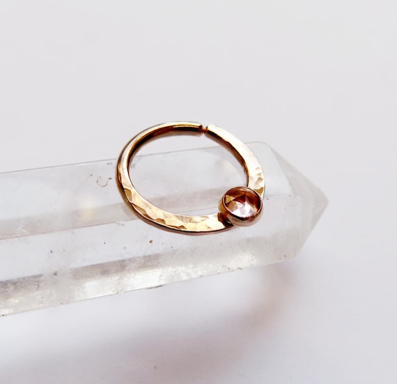 Rose quartz septum ring in gold filled, hammered septum jewelry, nose ring hoop, septum piercing, gold nose jewelry, unique septum ring