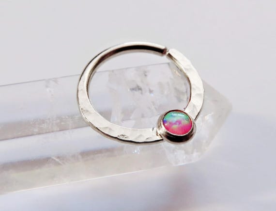 pink opal septum ring, sterling silver septum ring, hammered septum ring, opal nose ring, opal septum ring, small septum ring