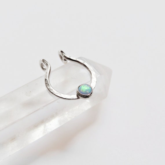 fake septum ring in sterling silver with blue opal, faux nose hoop, no piercing required clip on septum jewelry, snug fitting nose cuff