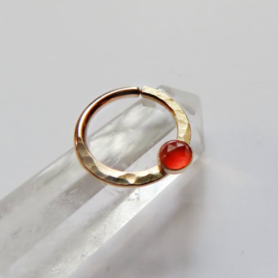 hammered carnelian septum ring gold filled, orange stone hammered septum hoop in 8mm, 9mm, 10mm diameter, 20 gauge, 18 gauge, 16 gauge