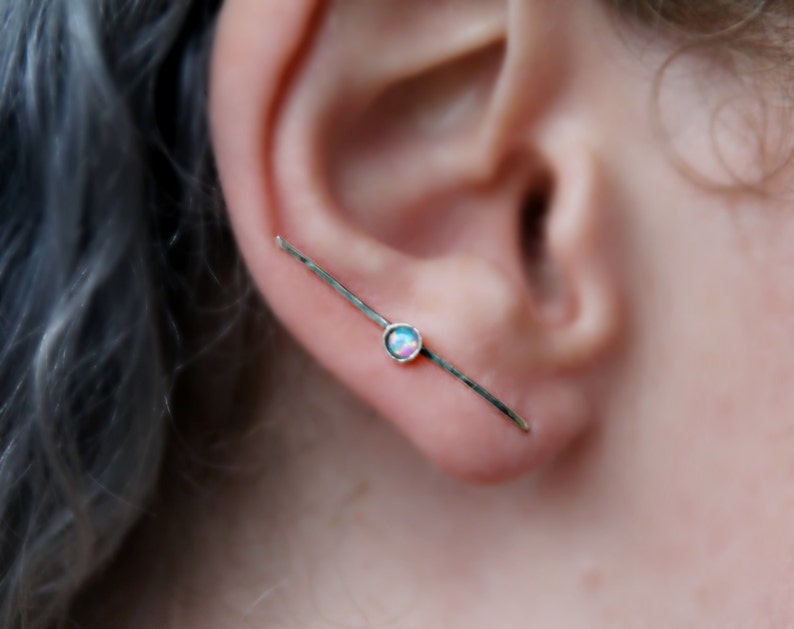 silver ear crawler sterling silver ear climber with blue opal silver ear pin opal ear cuff blue opal ear crawler opal ear climber