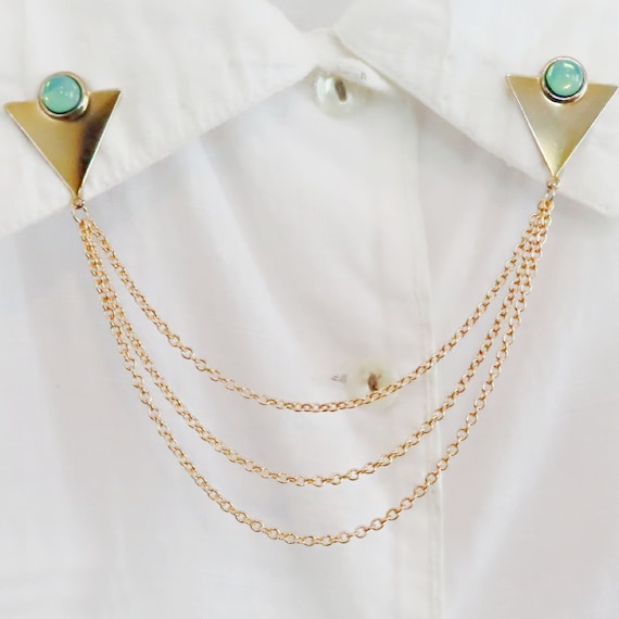 triangle collar pins with green opal, gold lapel pins, sweater pins, collar pins with chains, 3 chains collar pins, geometric brooches