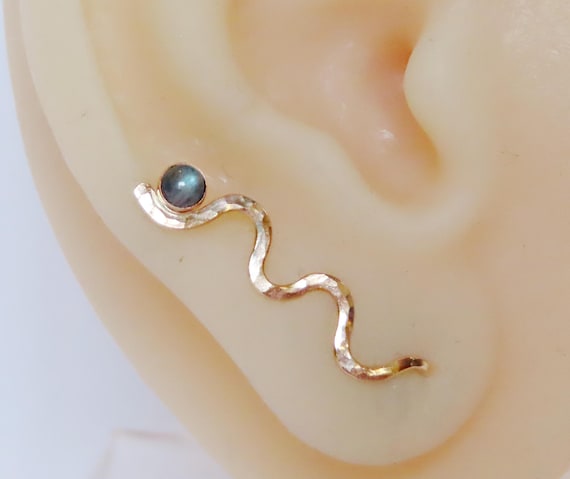 Labradorite ear climber earrings in gold filled, wavy hammered ear crawlers single or pair also available in sterling silver