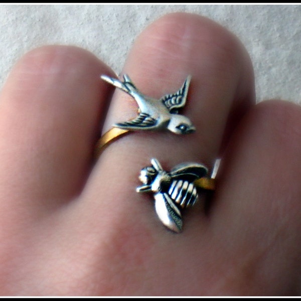 silver birds and the bees ring, bird ring, bee ring, bird accessory, bee jewelry, bee accessories, spring fashion, vintage style