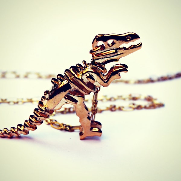 gold dinosaur necklace, T-rex necklace, dinosaur skeleton, skeleton necklace, bone necklace, kitsch necklace, long necklace