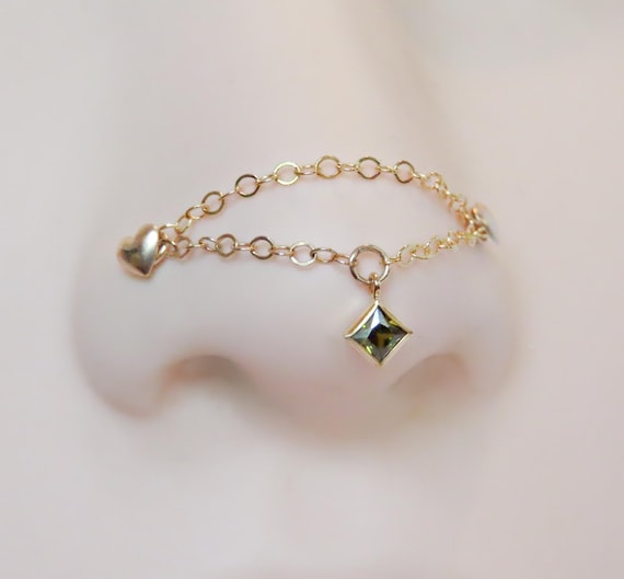 Peridot nose chain in gold filled, double nose piercing chain connector, custom measurement nose piercing chain, diamond shaped peridot drop