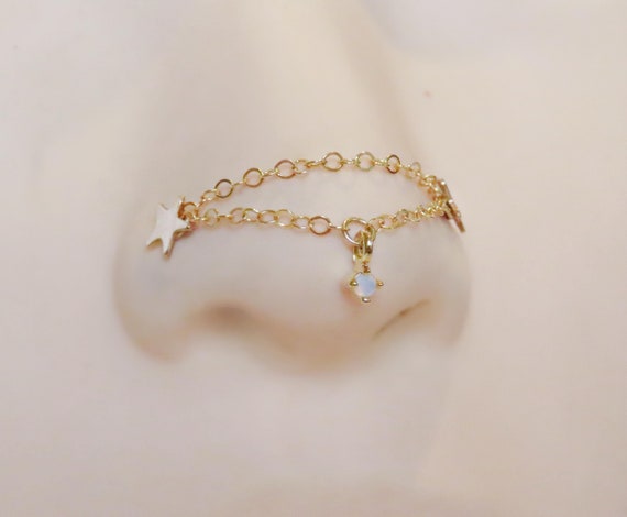 gold double nose chain with opal, 14k gold filled nose chain for double piercing, custom measurement nose chain, nose ring connector