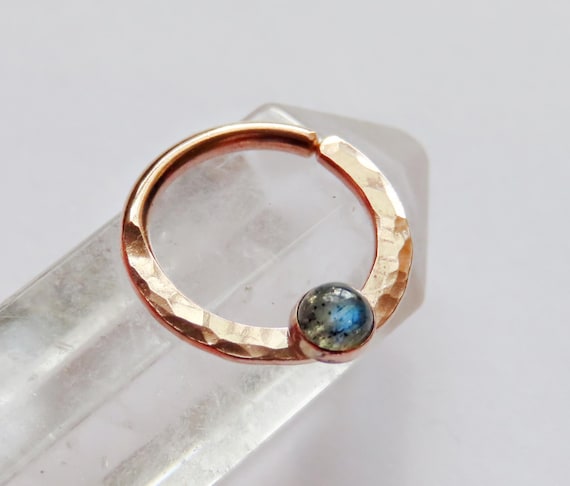 Rose gold filled septum ring with labradorite stone,  gemstone septum piercing available in 20 gauge, 18 gauge, or 16 gauge