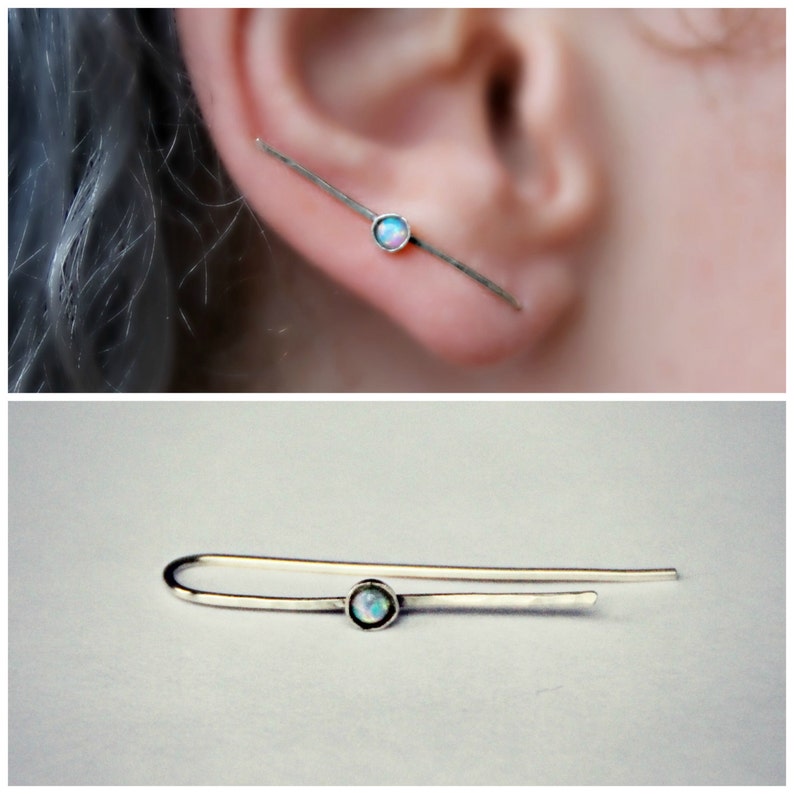 silver ear crawler sterling silver ear climber with blue opal silver ear pin opal ear cuff blue opal ear crawler opal ear climber