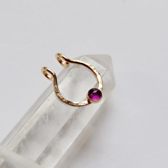gold filled fake septum ring with amethyst stone, faux septum piercing, clip on septum jewelry no piercing required, fake piercings