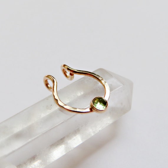fake gold filled septum ring with peridot stone, faux nose hoop, no piercing required septum cuff, august birthstone gift for leo or virgo