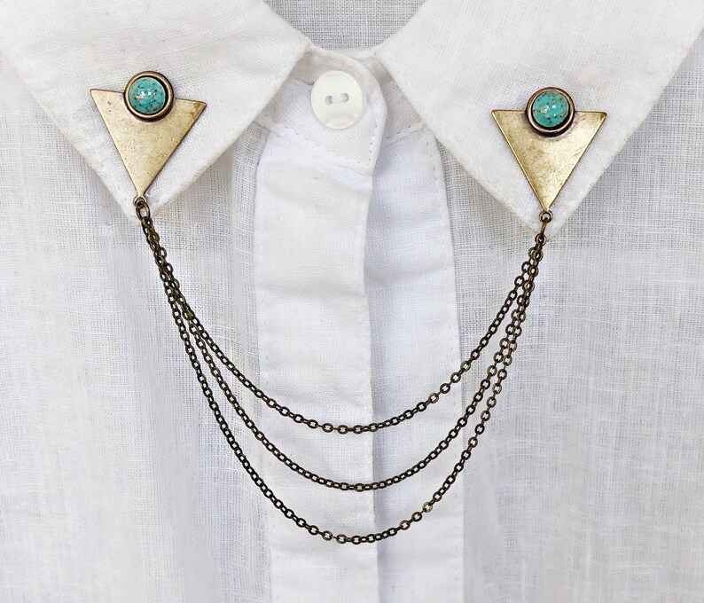 Triangle collar pins with turquoise stones chain pin collar Etsy