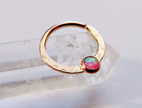 gold pink opal septum ring, gold filled septum hoop, 8mm septum ring, 10mm septum ring, 20 gauge septum ring, pink opal nose ring