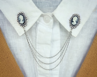silver cameo collar pins, collar chain, collar brooch, lapel pin, cameo pin, cameo brooch