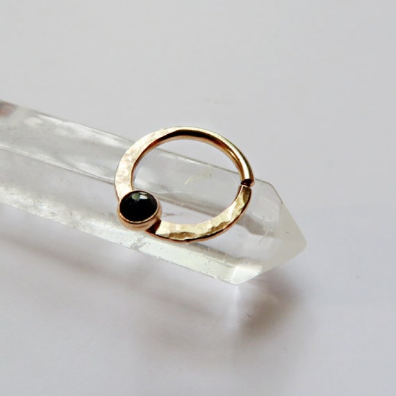 gold filled onyx septum ring, black stone hammered septum hoop in 8mm, 9mm, 10mm diameter, 20 gauge, 18 gauge, 16 gauge gothic septum hoop