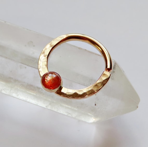 Sunstone septum ring in gold filled, hammered septum jewelry available in 20 gauge, 18 gauge, and 16 gauge