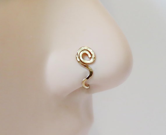 gold filled nose cuff with hammered swirl, fake nose ring, hammered faux nose hoop no piercing required, clip on snake nose ring