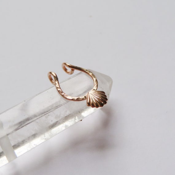 fake seashell septum ring in gold filled, faux nose hoop, no piercing required adjustable nose cuff available in snug or loose fitting