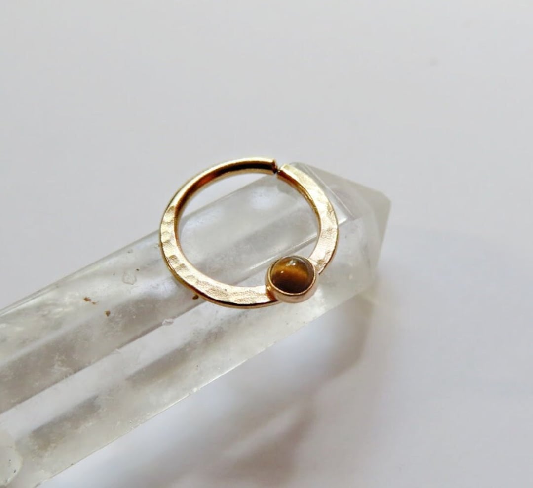 Tigers Eye Septum Ring 14k Gold Filled, Gemstone Hammered