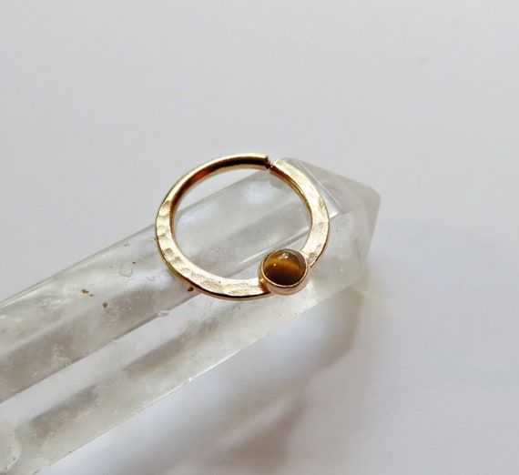 tigers eye septum ring 14k gold filled, gemstone hammered septum hoop in 8mm, 9mm, 10mm diameter, 20 gauge, 18 gauge, 16 gauge, tigereye
