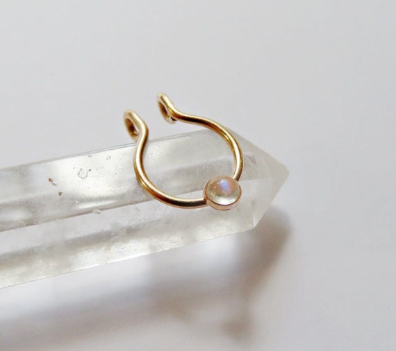faux septum ring in 14k gold filled with moonstone, fake nose ring, no piercing required septum jewelry, clip on septum hoop with gemstone