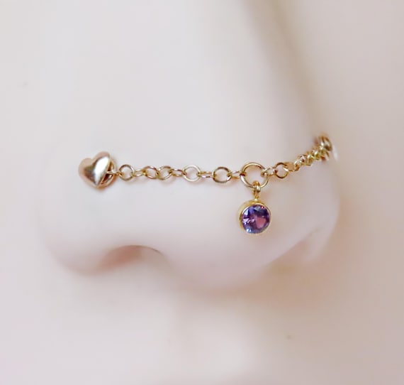 Amethyst nose chain in gold filled, 14k gold filled nose chain for double piercing, custom measurement nose chain, nose ring connector