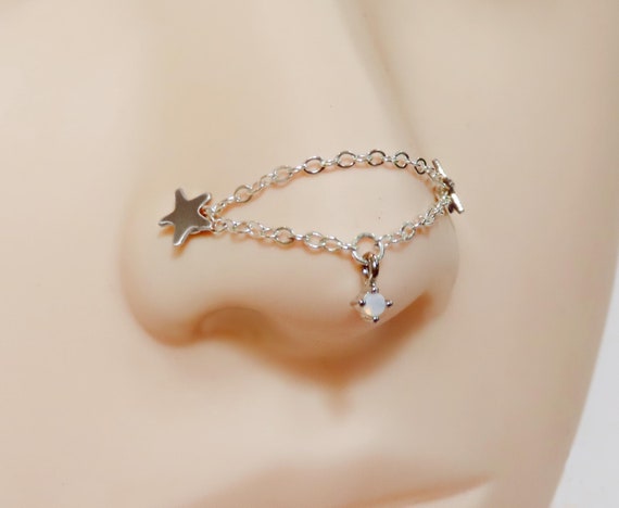 Double nose chain with opal in sterling silver, nose chain for double piercing, custom measurement nose chain, nose ring connector
