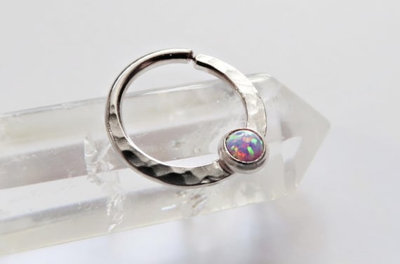 purple opal septum ring, sterling silver septum ring, hammered septum ring, opal nose ring, opal septum ring, small septum ring