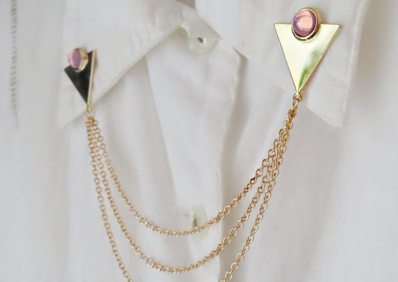 triangle collar pins with pink stones, gold lapel pins, opal sweater pins, collar pins with chains, 3 chains collar pins, geometric brooches