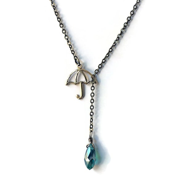 umbrella necklace with glass rain drop, rainy day necklace, rain drop necklace, unique necklace, cute necklace