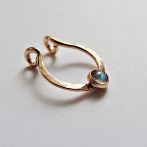 faux septum ring in gold filled with labradorite stone, adjustable fake nose hoop, no piercing needed clip on septum ring, snug or loose image 2