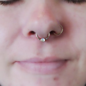 moonstone faux septum ring in gold filled, fake nose piercing, clip on nose ring, no piercing required hammered gemstone septum hoop image 2