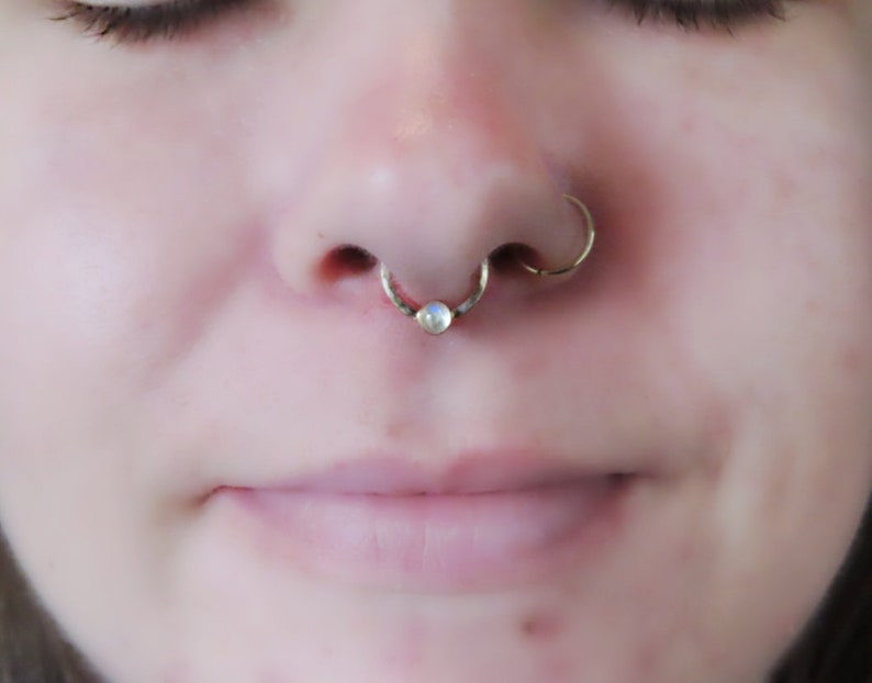 moonstone faux septum ring in gold filled, fake nose piercing, clip on nose ring, no piercing required hammered gemstone septum hoop image 2