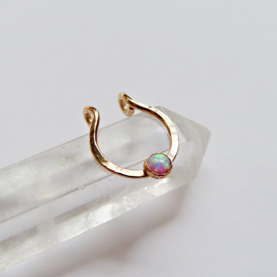 purple opal faux septum ring gold filled, fake septum piercing, hammered septum hoop no piercing required, gold septum cuff, 18 gauge
