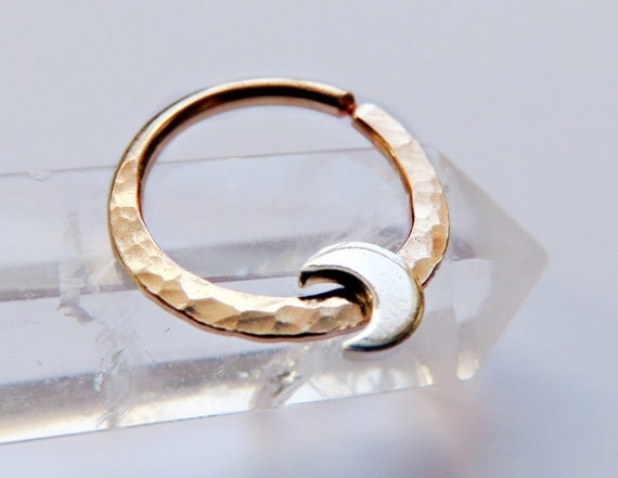 moon septum ring in gold filled with hammered finish, celestial septum jewelry available in 16 gauge, 18 gauge, 20 gauge and 8, 9, 10mm
