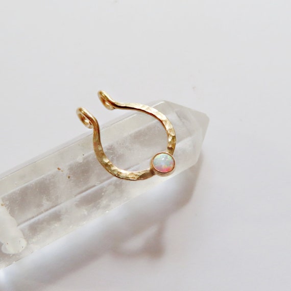 gold filled fake septum ring with white opal, faux nose hoop, no piercing required clip on septum jewelry in snug or loose fitting, hammered