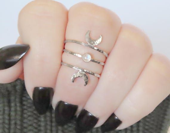 Moon phases knuckle rings in sterling silver, hammered stackable midi rings, 2 crescent moon rings and 1 moonstone ring