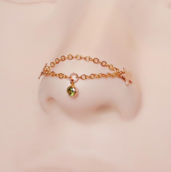gold filled double nose chain with peridot drop, nose chain for double piercing, custom measurement nose chain, nose ring connector