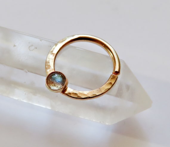 gold filled daith earring with labradorite stone, daith piercing available in 22, 20, 18, and 16 gauges and 8mm, 9mm, 10mm diameter